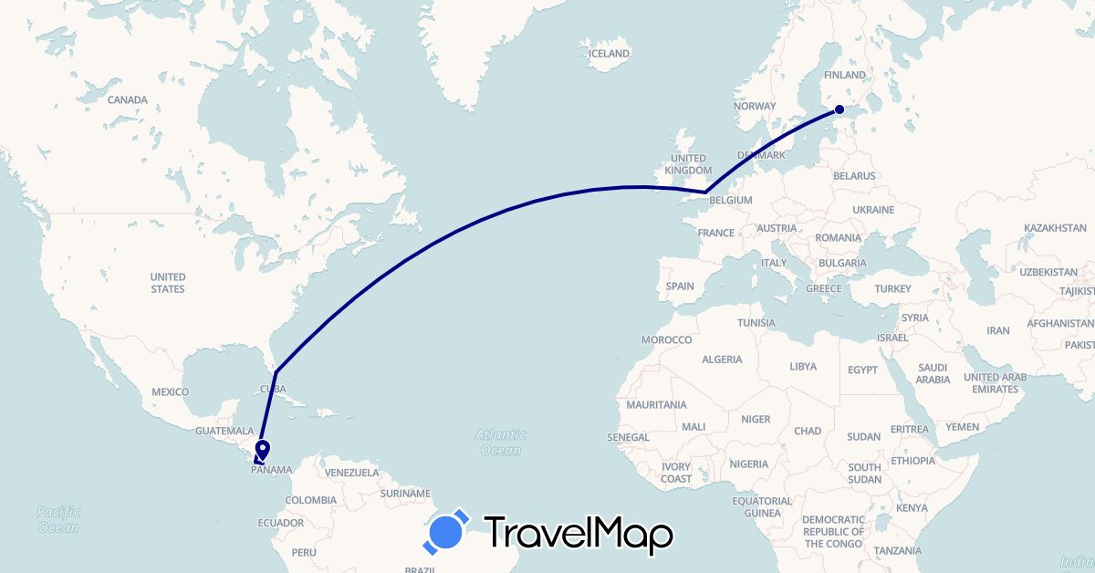 TravelMap itinerary: driving in Costa Rica, Finland, United Kingdom, United States (Europe, North America)